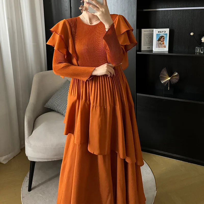 Fashion Pleated Long Dress Long Sleeve Pleated Dresses