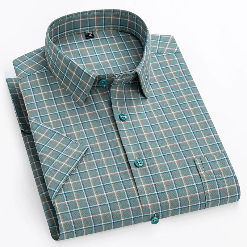 cotton oxford short sleeve shirts men slim fit formal shirt soft plaid office