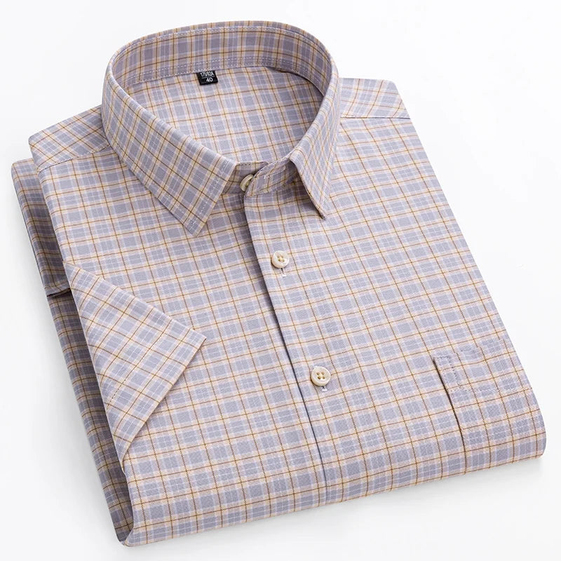cotton oxford short sleeve shirts men slim fit formal shirt soft plaid office