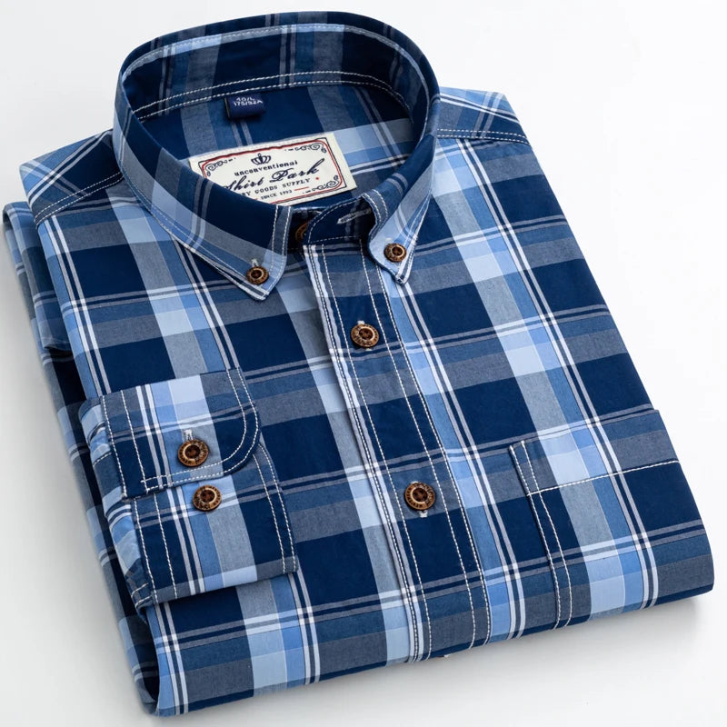 England Style Casual Checkered Shirts Pocketless Button-down Cotton Long Sleeve Standard-fit Plaid Shirt