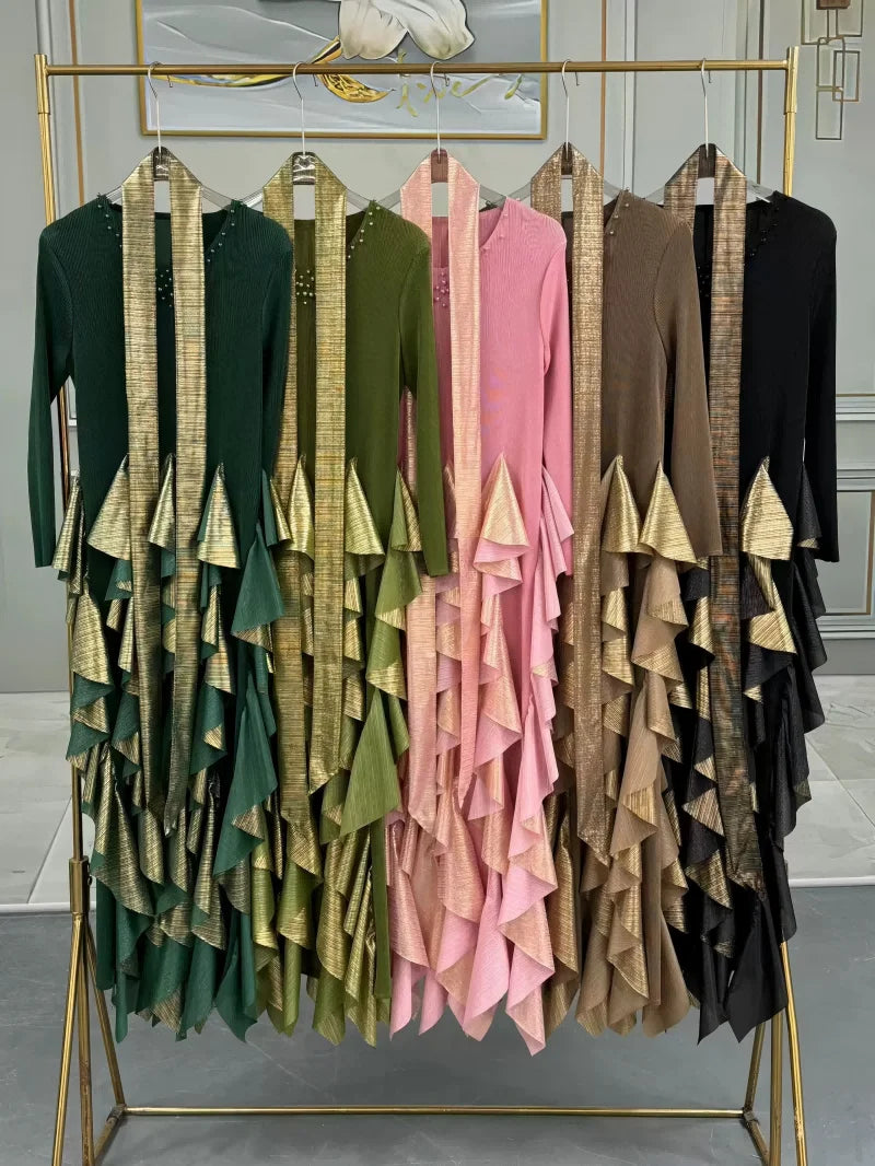 Pleated Bronzing Splicing Dress Beaded Round Neck Loose Women's Dresses