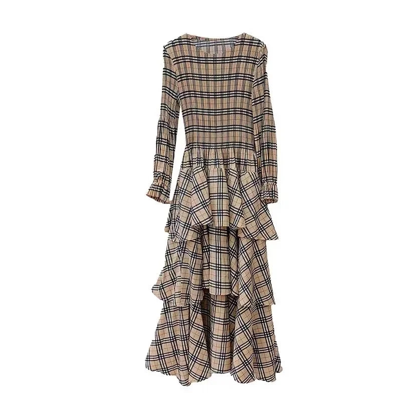 Ruffles Pleated Dress Women Long Sleeves Dresses Party Clothing