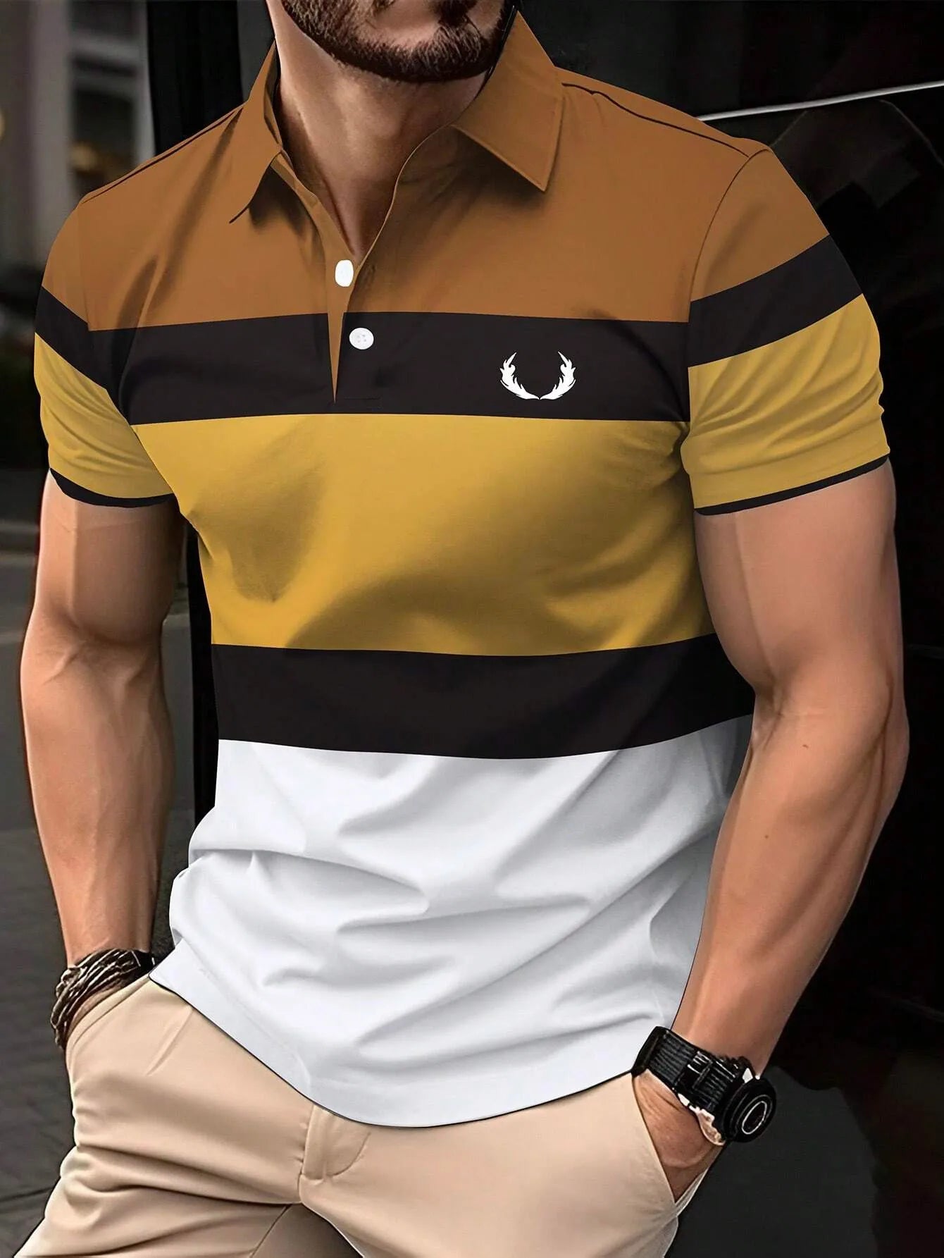Mens striped summer short sleeved lapel polo shirt business