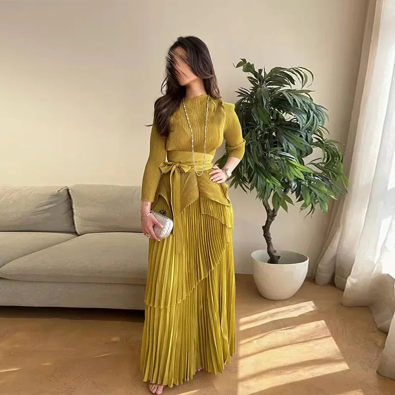 Pleated Women's Suit Irregular Lantern top and Long Skirt Two-piece Set