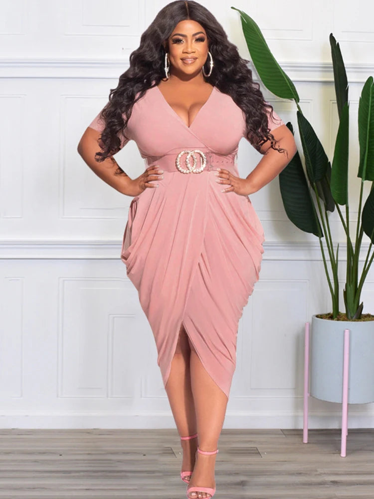 Elegant Dresses Women Short Sleeve V Bodycon Ladies Plus Size Dresses
