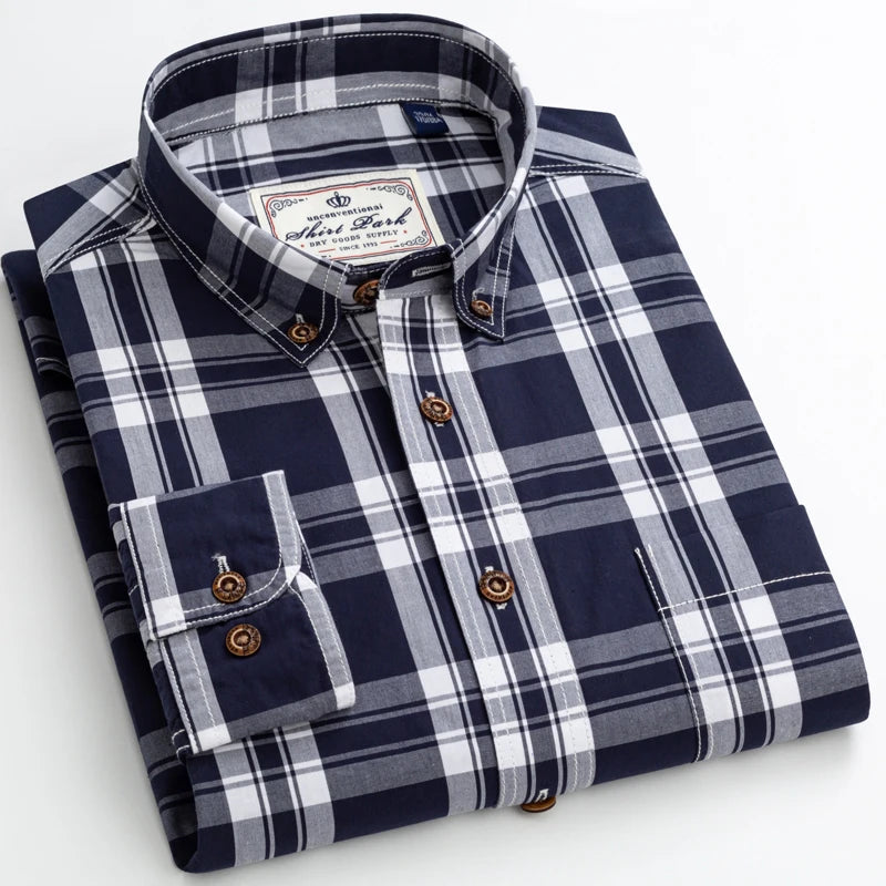 England Style Casual Checkered Shirts Pocketless Button-down Cotton Long Sleeve Standard-fit Plaid Shirt