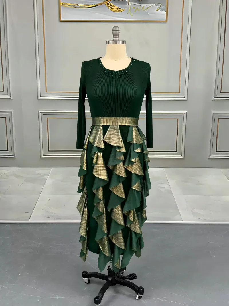 Pleated Bronzing Splicing Dress Beaded Round Neck Loose Women's Dresses