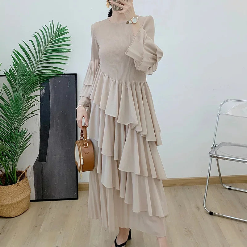 Ruffles Pleated Dress Women Long Sleeves Dresses Party Clothing