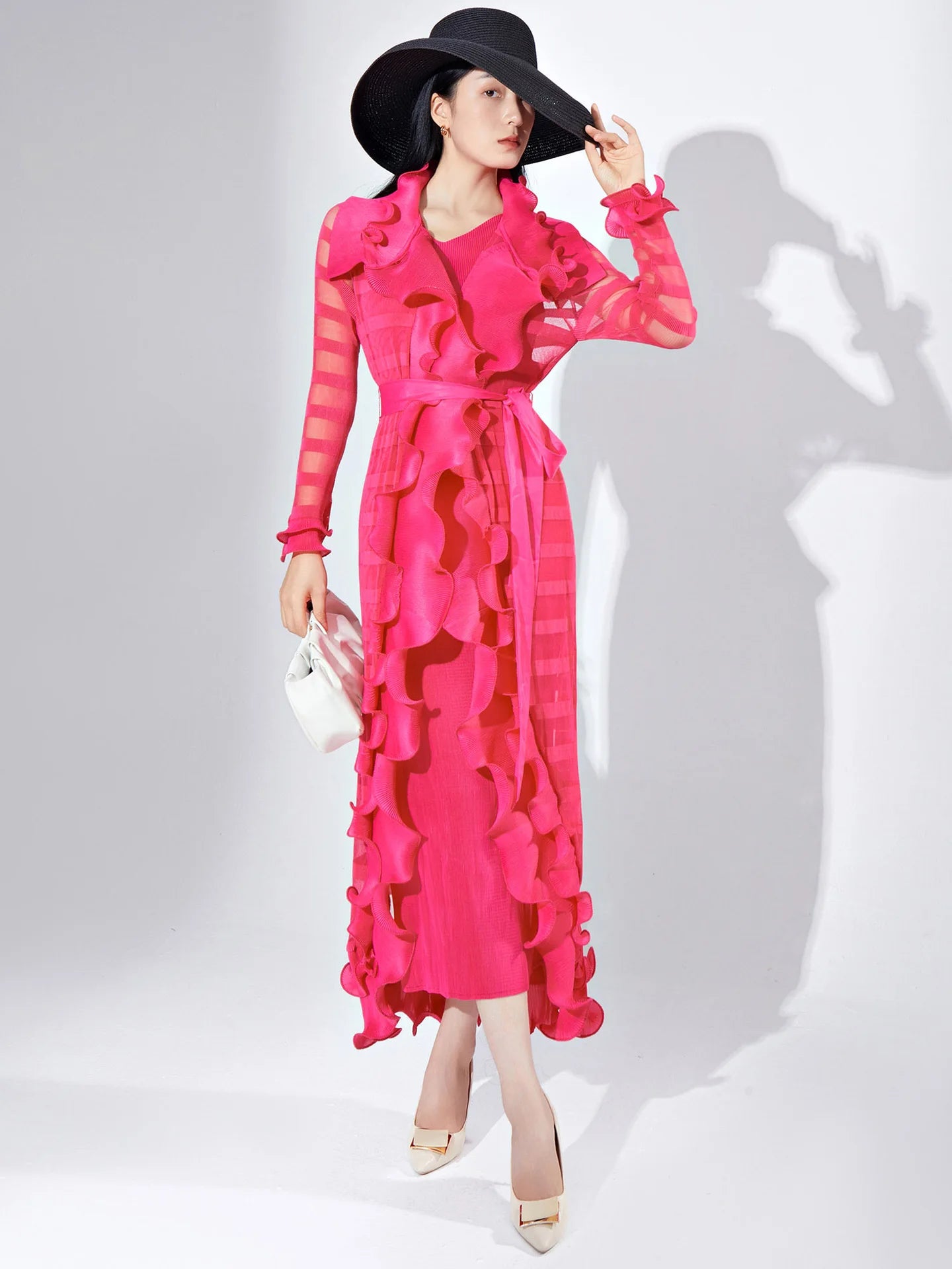 Pleated Set Solid Flounced Full Sleeved Evening Party Two Piece Sets Women