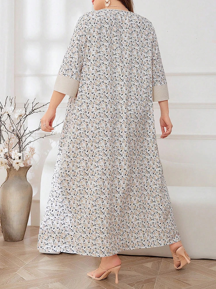 Women's Elegant Floral Prints Long Sleeve Round-Neck Maxi Casual Shift Dress