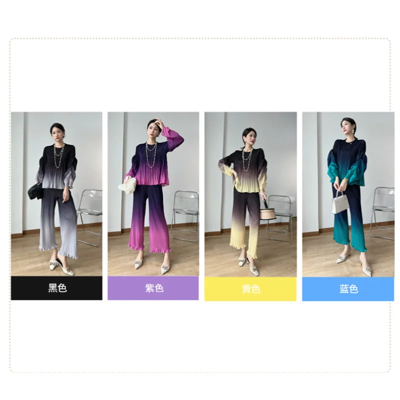 Pleated Pants Set Gradient Bubble Sleeve Loose Women's Two-piece Suit