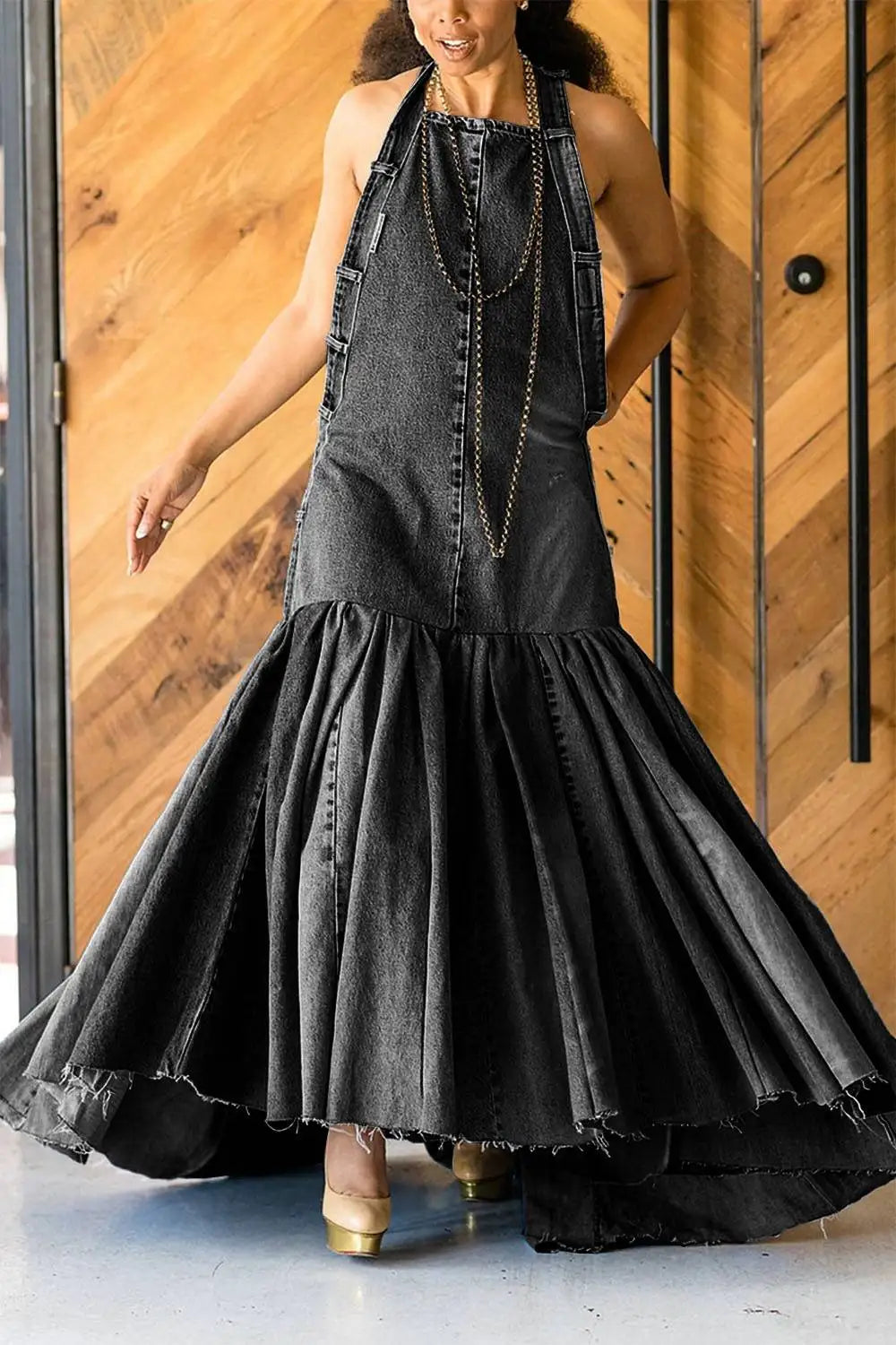 Plus Size Blue Denim Ruffles Halter Mermaid Maxi Dress Women Long Dress
