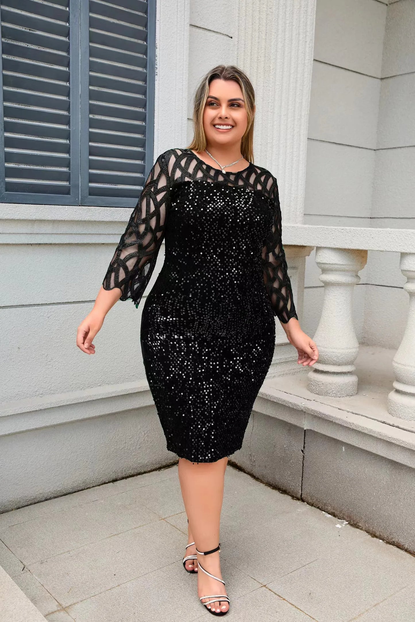 Party Dress Plus Size Ladies Midi Sequin Mesh Long Sleeve Lace Elegant Bodycon Evening Dresses Woman Summer
