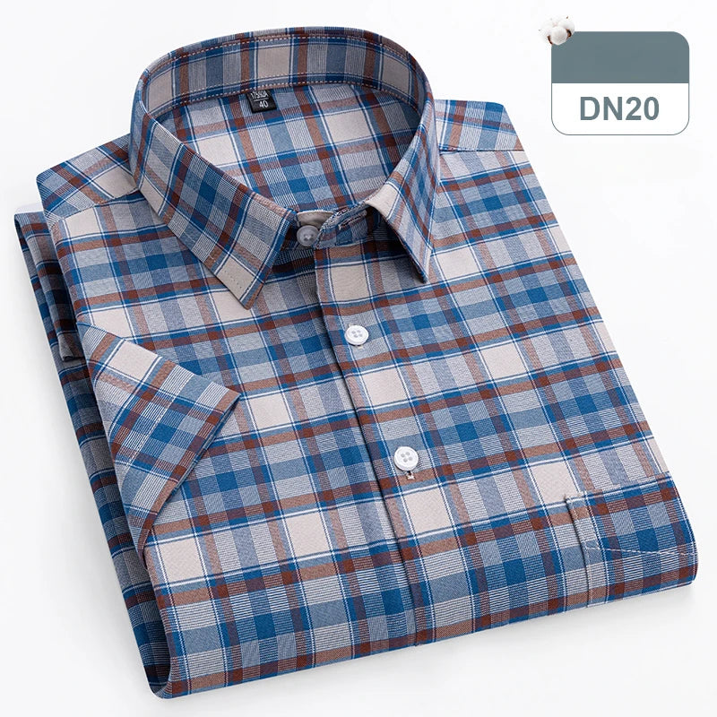 cotton oxford short sleeve shirts men slim fit formal shirt soft plaid office