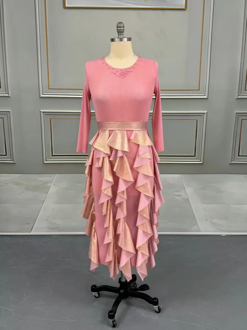 Pleated Bronzing Splicing Dress Beaded Round Neck Loose Women's Dresses