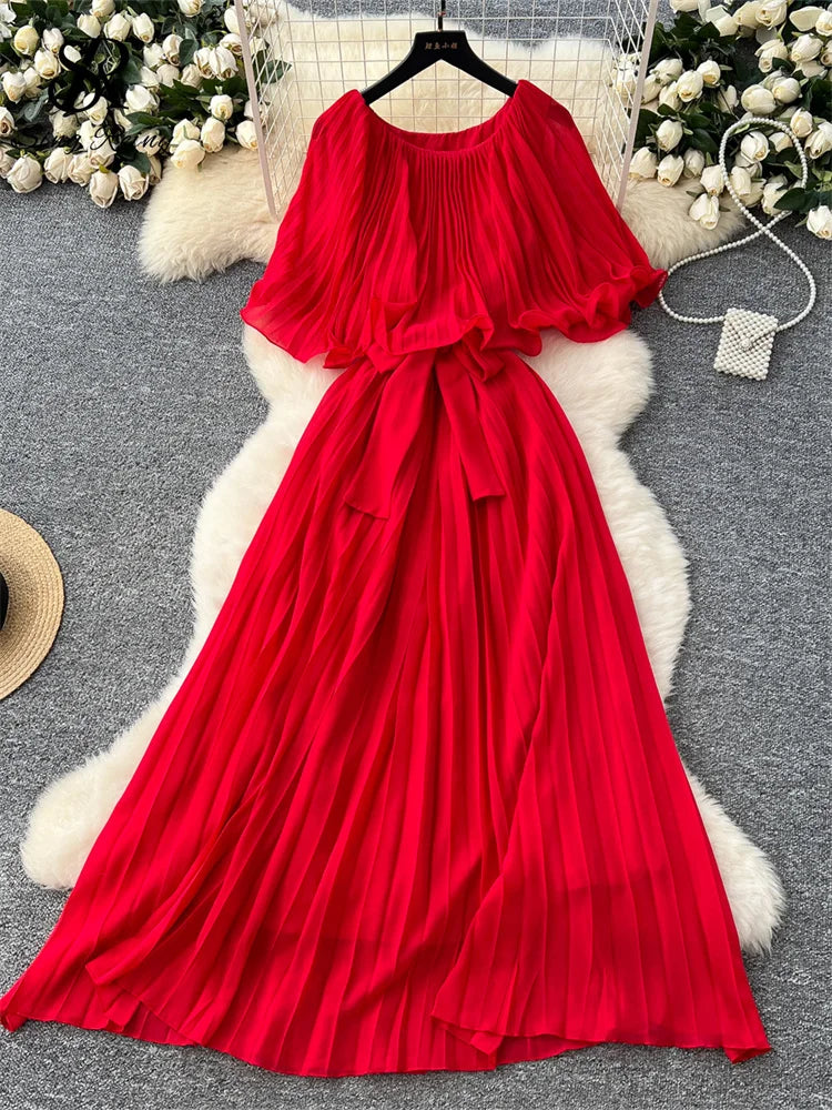 Chiffon Long Dress Short Sleeves Lace Up Slim Pleated Maxi Dress