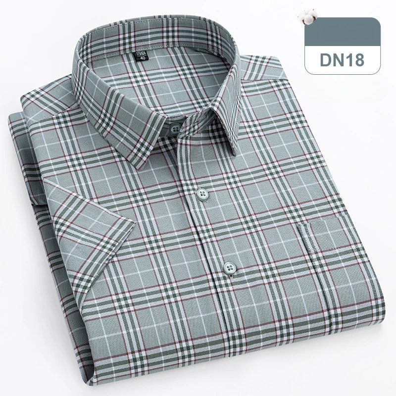 cotton oxford short sleeve shirts men slim fit formal shirt soft plaid office