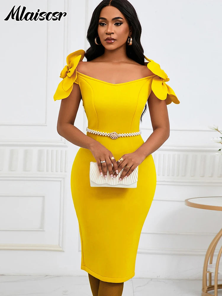 Off the Shoulder Petal Sleeve Mid Dresses with Sashes Woman Clothing