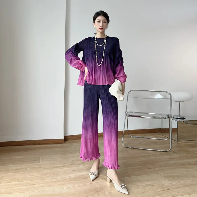 Pleated Pants Set Gradient Bubble Sleeve Loose Women's Two-piece Suit