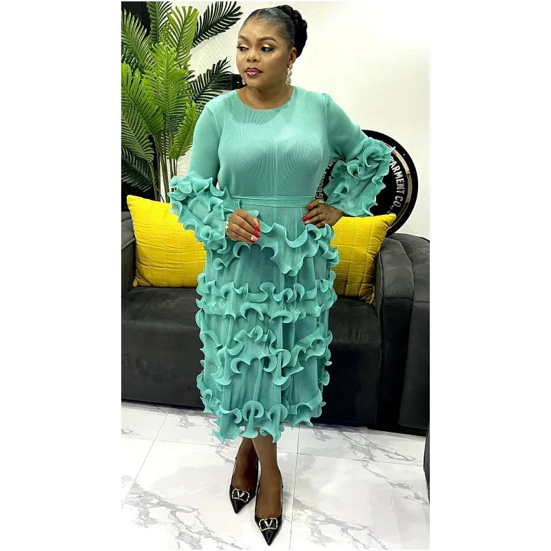 Pleated Elegant Dress Long Sleeve Loose Plus Size Women's Dress