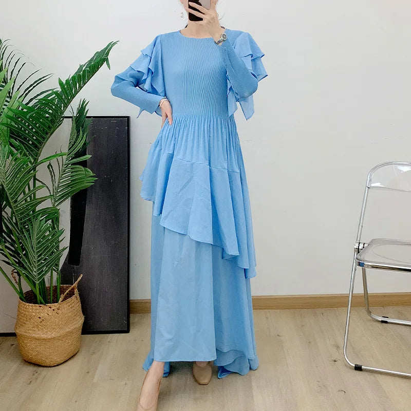 Ruffled Long Dress Long Sleeved Pleated Dress Elegant