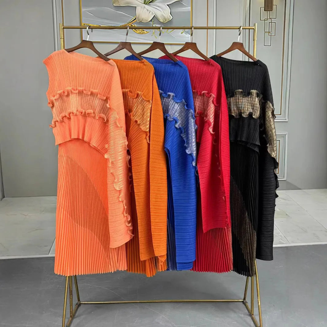 Free Size Pleated Skirt Suit One-shoulder Top + long Skirt Women's 2-piece Set