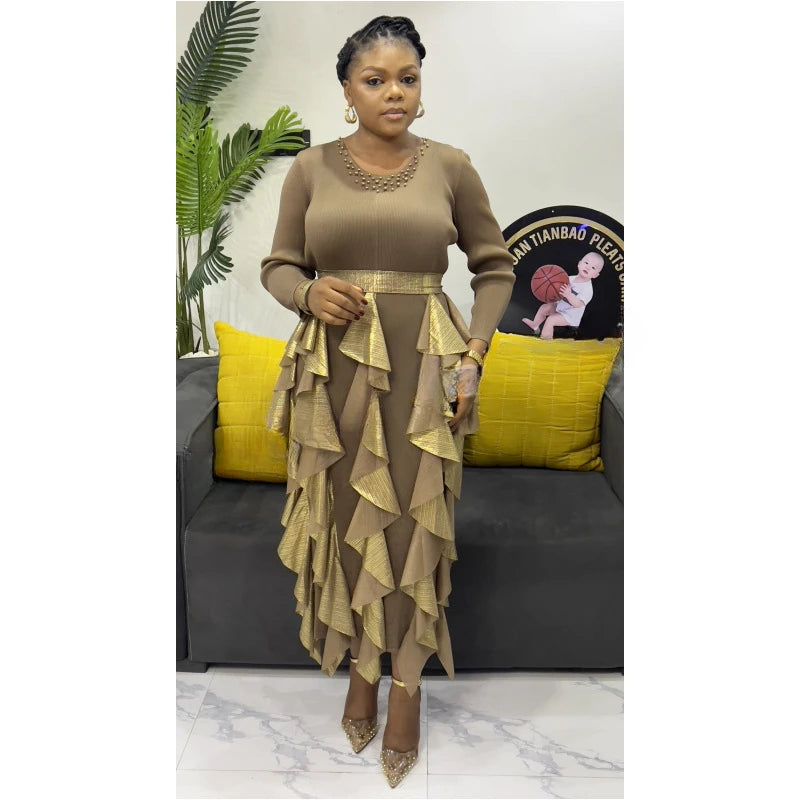 Pleated Bronzing Splicing Dress Beaded Round Neck Loose Women's Dresses