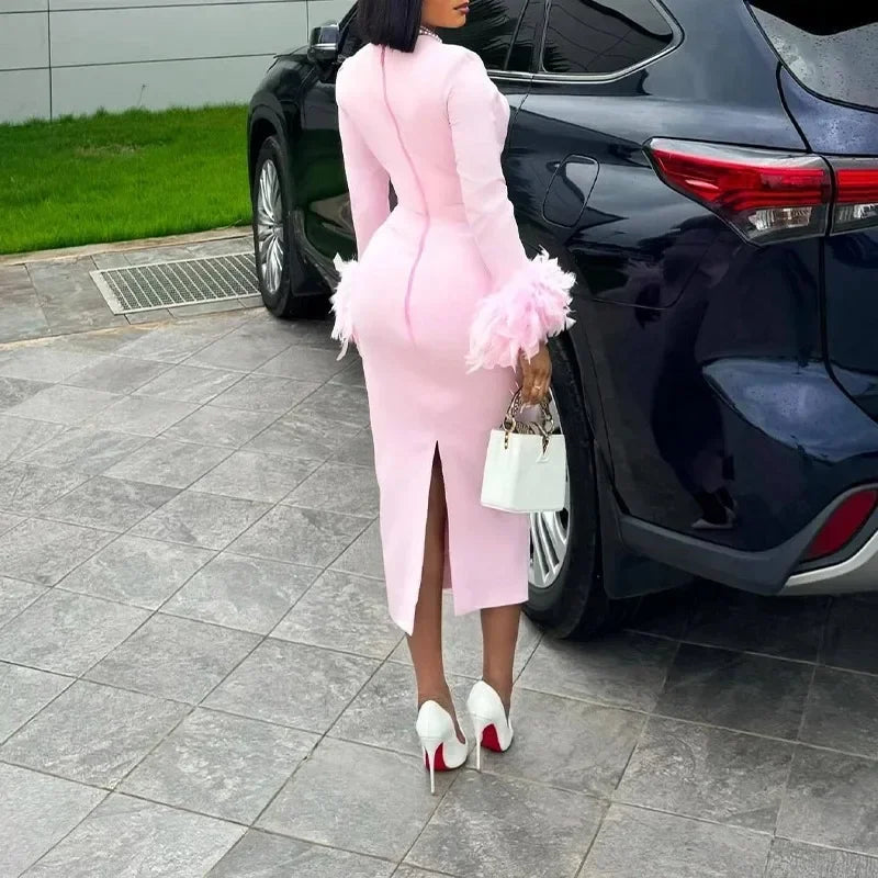 High Waisted Long Sleeve Feather Trim Split Bandage Dress