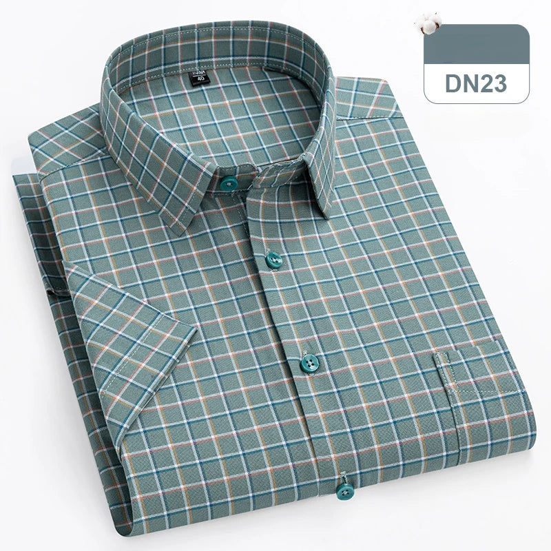 cotton oxford short sleeve shirts men slim fit formal shirt soft plaid office