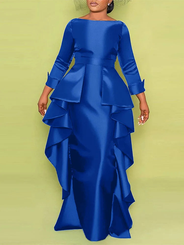 Maxi Long Dress Women Elegant Satin Dress Ruffle Sundress