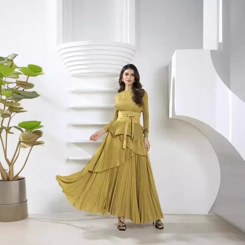 Pleated Women's Suit Irregular Lantern top and Long Skirt Two-piece Set