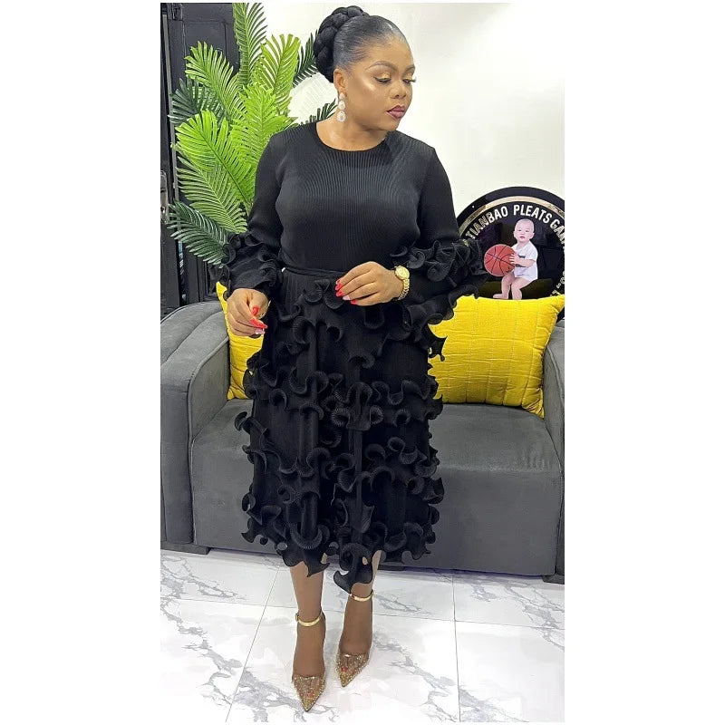 Pleated Elegant Dress Long Sleeve Loose Plus Size Women's Dress