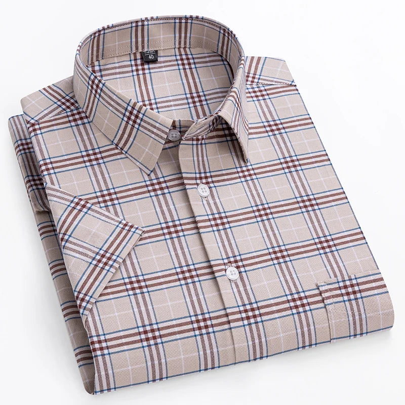 cotton oxford short sleeve shirts men slim fit formal shirt soft plaid office