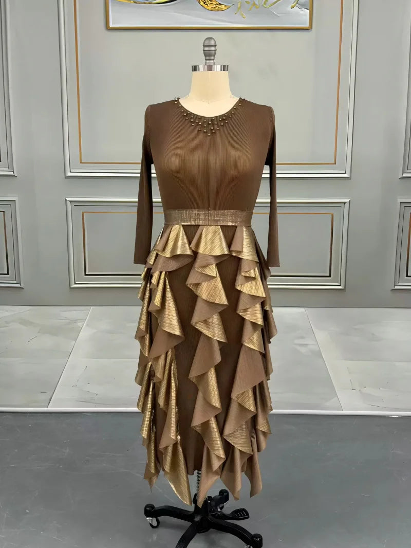 Pleated Bronzing Splicing Dress Beaded Round Neck Loose Women's Dresses