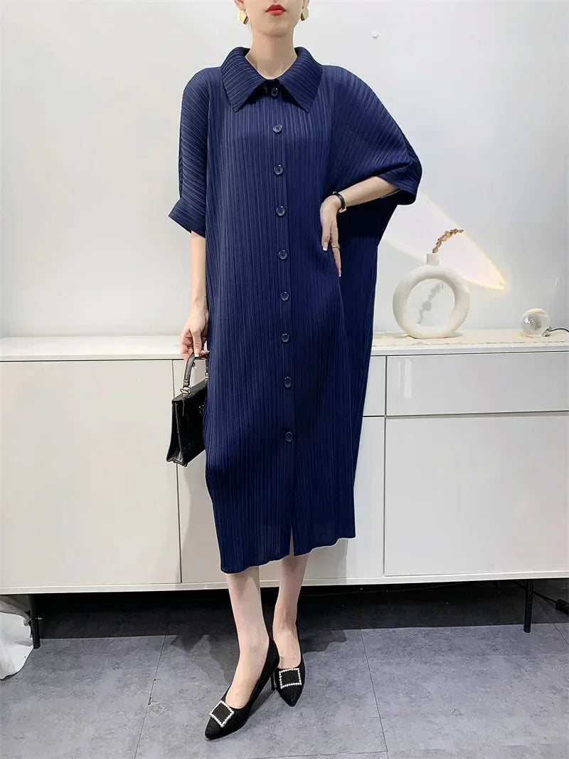 Pleated Dress Women's Loose Plus Size Mid Length Bat Sleeve