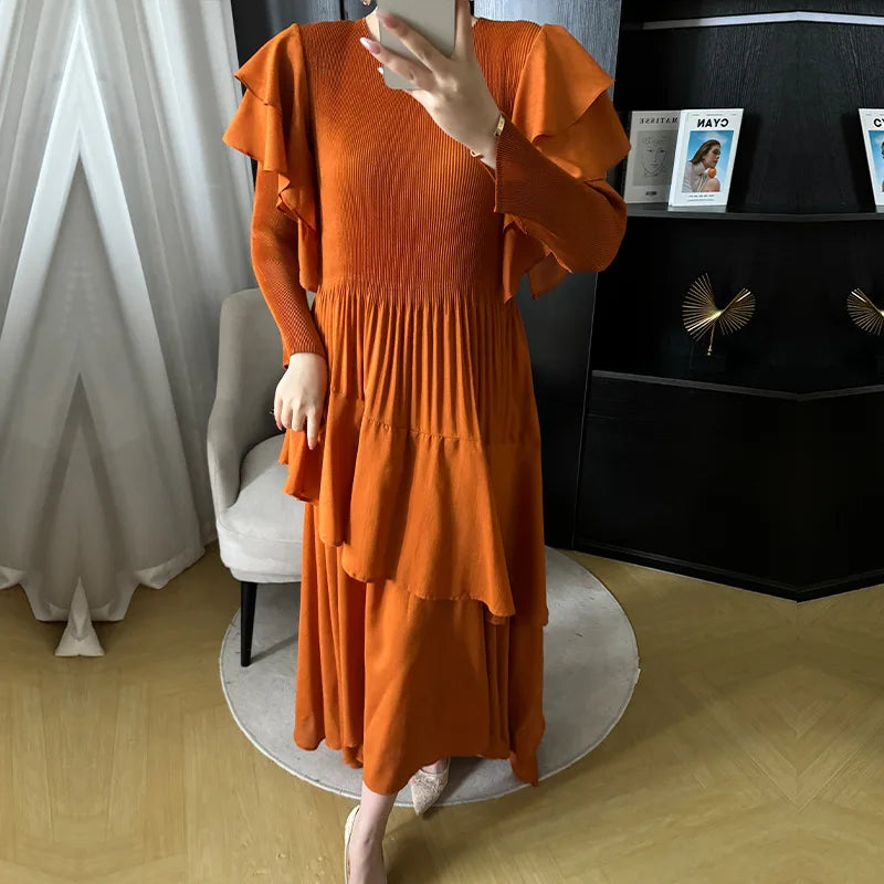 Fashion Pleated Long Dress Long Sleeve Pleated Dresses