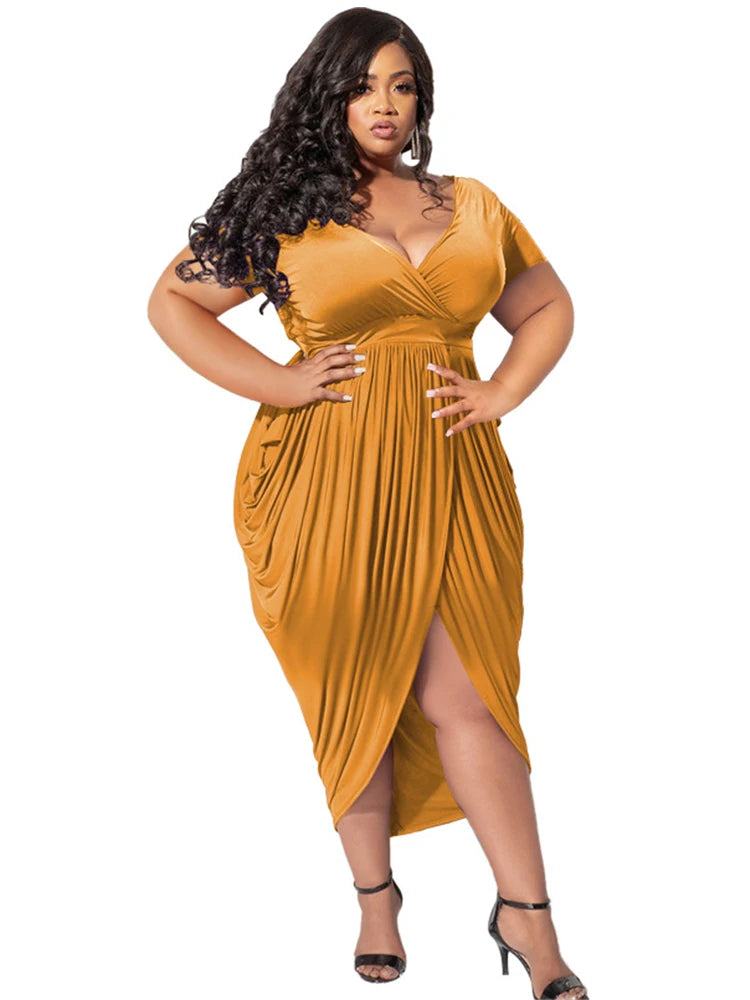 Elegant Dresses Women Short Sleeve V Bodycon Ladies Plus Size Dresses