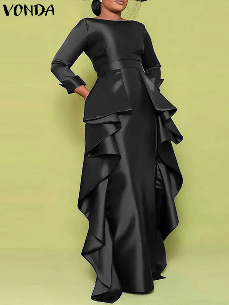 Maxi Long Dress Women Elegant Satin Dress Ruffle Sundress