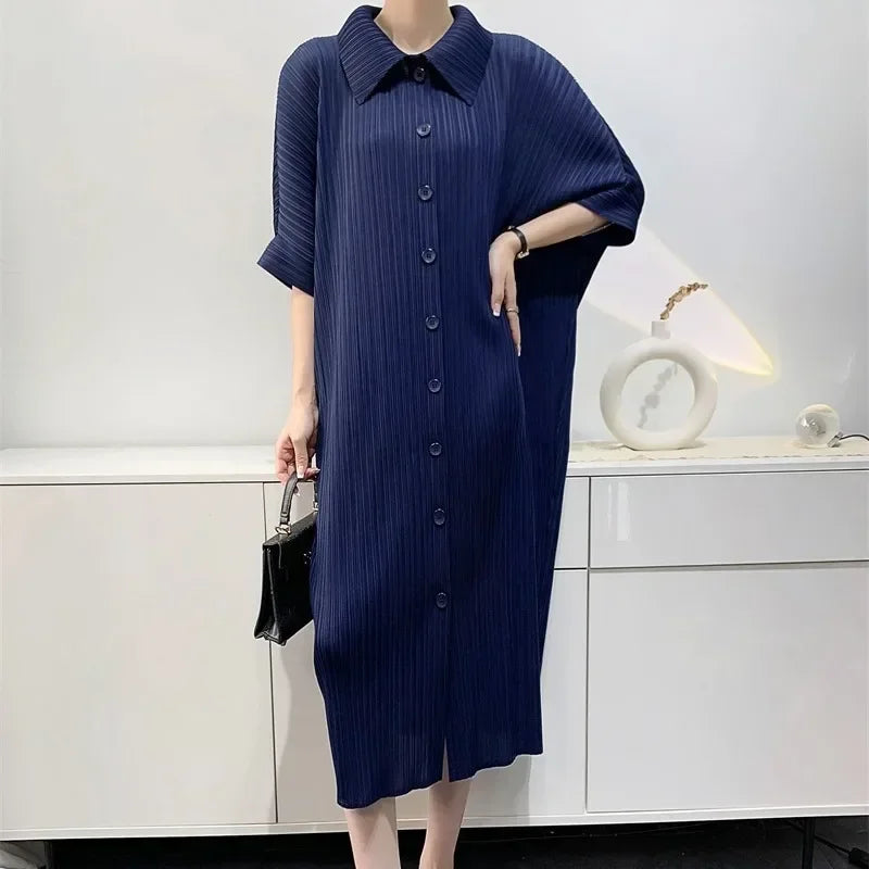 Pleated Dress Women's Loose Plus Size Mid Length Bat Sleeve