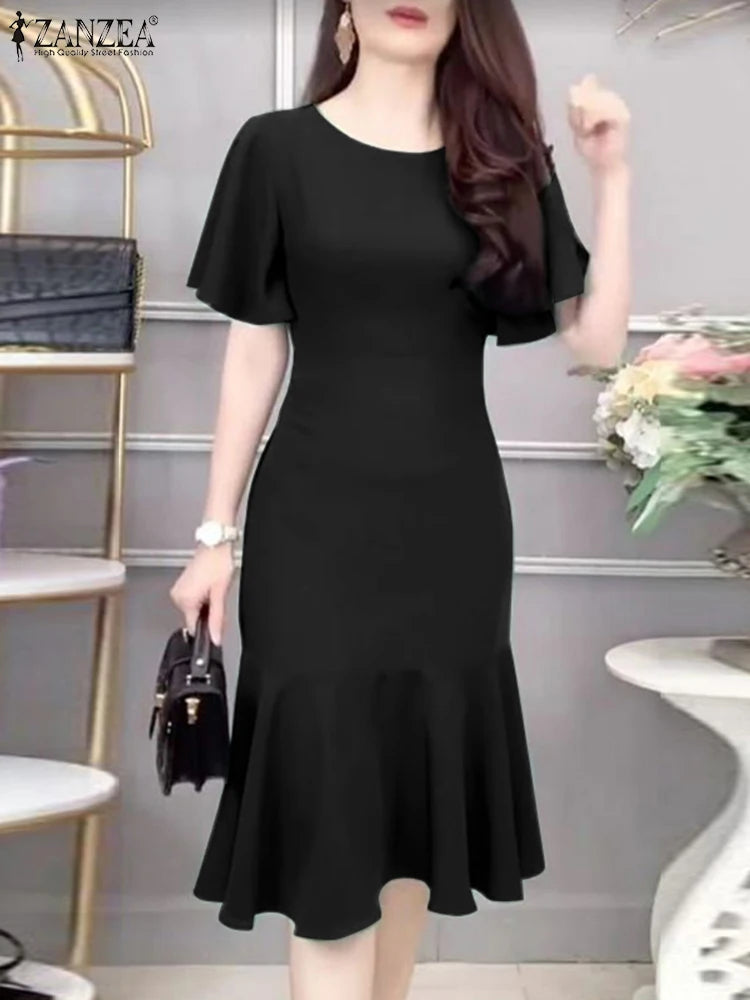 Elegant Women's Mermaid Dresses Short Sleeve O-Neck Ruffled Hem Fitted Partywear