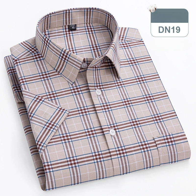 cotton oxford short sleeve shirts men slim fit formal shirt soft plaid office