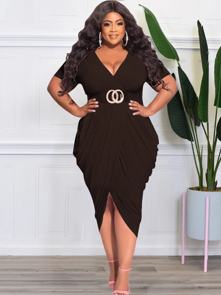 Elegant Dresses Women Short Sleeve V Bodycon Ladies Plus Size Dresses