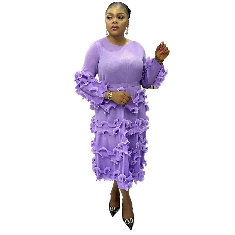 Pleated Elegant Dress Long Sleeve Loose Plus Size Women's Dress