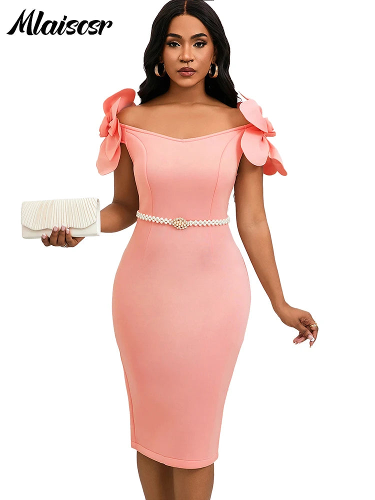 Off the Shoulder Petal Sleeve Mid Dresses with Sashes Woman Clothing
