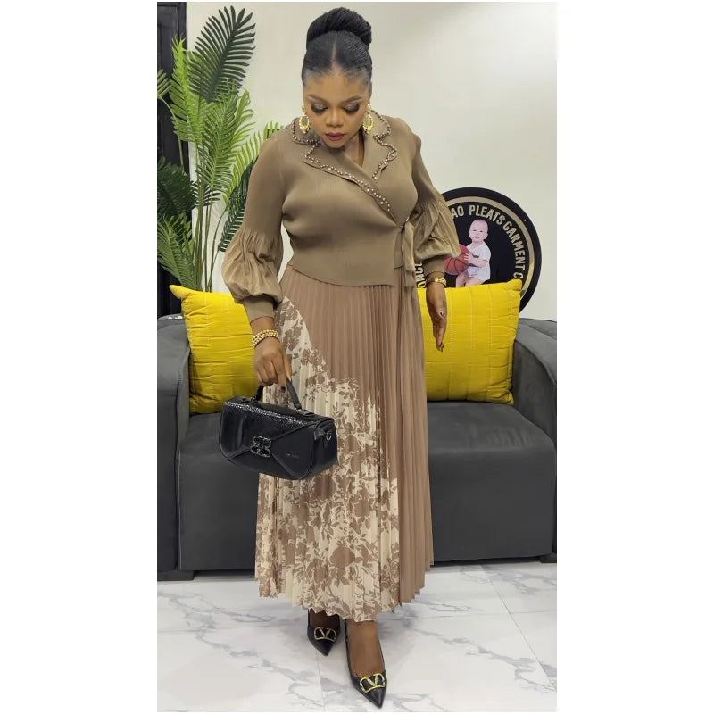 Lapel Bubble Sleeve Lace-up Women's Dress
