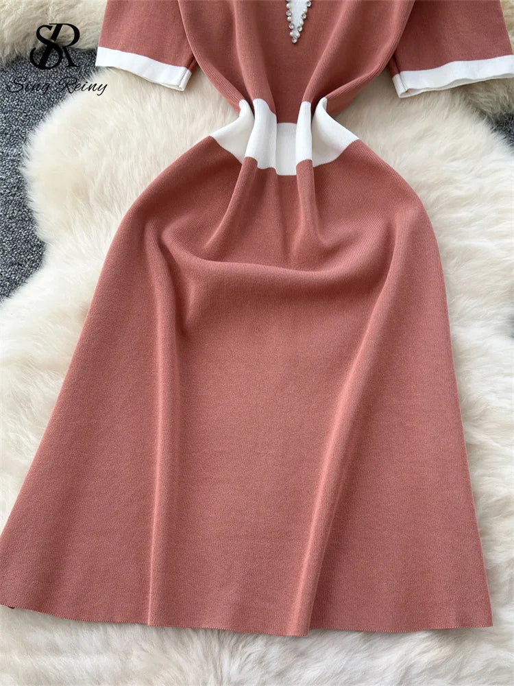 Vintage Knit Midi Sundress Women Polo Collar Short Sleeves Beading Chic Dress