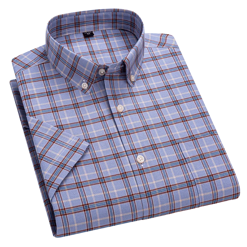 Cotton Summer Stripe Shirts Short Sleeve Oxford Plaid Slim Fit