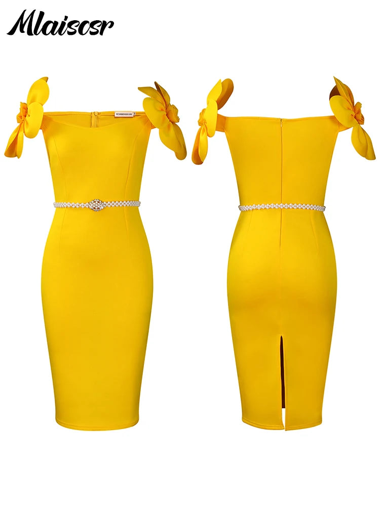 Off the Shoulder Petal Sleeve Mid Dresses with Sashes Woman Clothing
