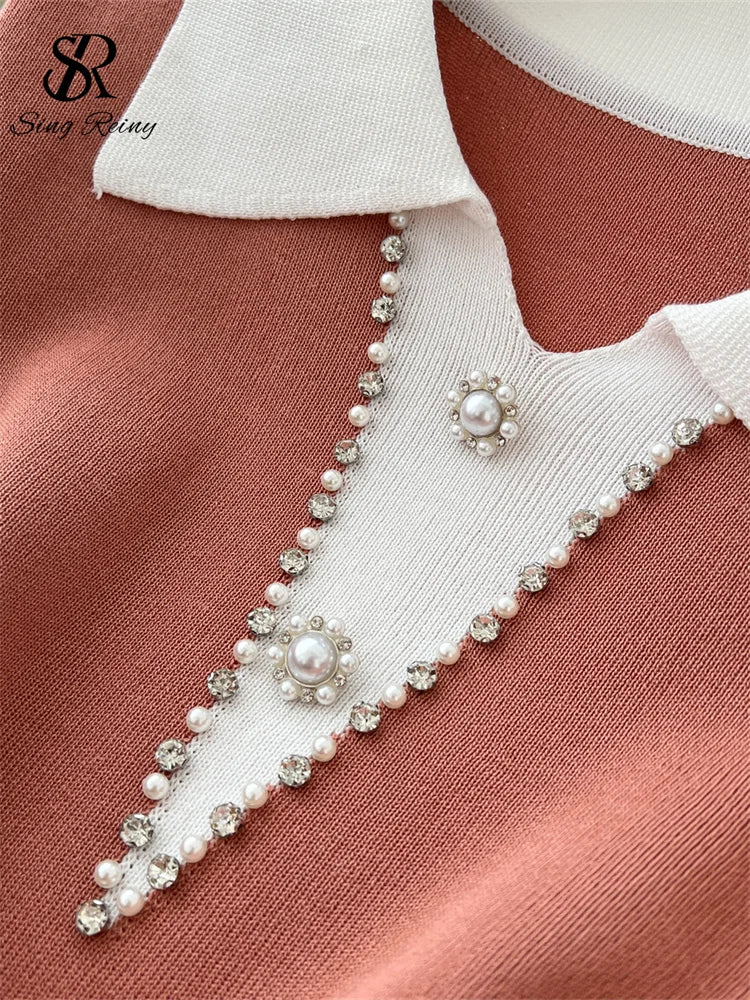 Vintage Knit Midi Sundress Women Polo Collar Short Sleeves Beading Chic Dress