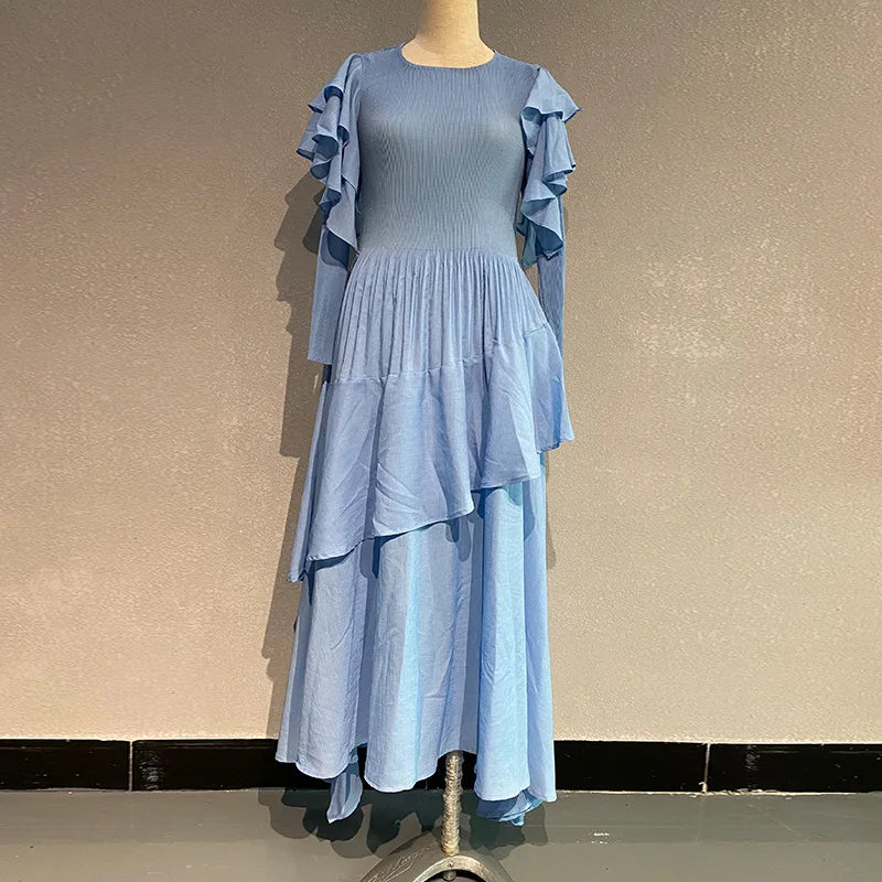 Fashion Pleated Long Dress Long Sleeve Pleated Dresses